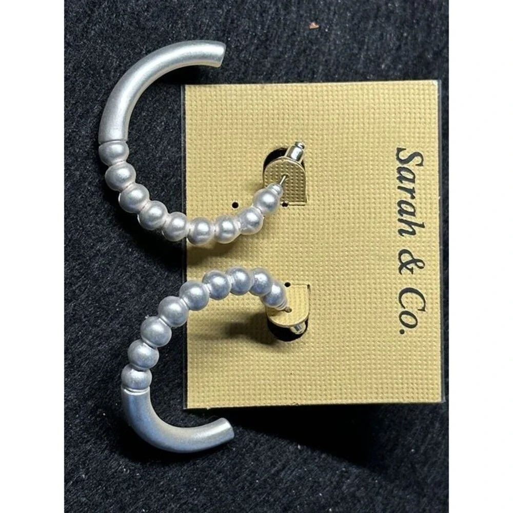 Sarah & Co Silver Tone Textured Bead Half Hoop Earrings Boho Statement Style New